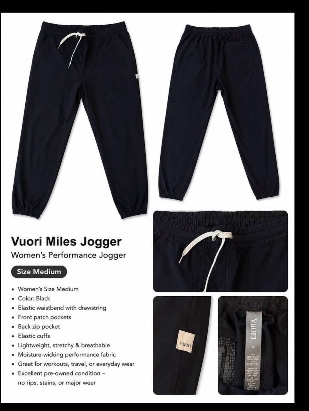 Vuori Black Kids Sweatpants Joggers with White Drawstring